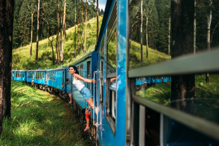 Travel by train. The girl travels by train to beautiful places.